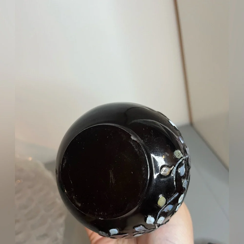 Vintage Orient Express Black Plastic Mother Of Pearl Vase Korea Floral BirdMotif